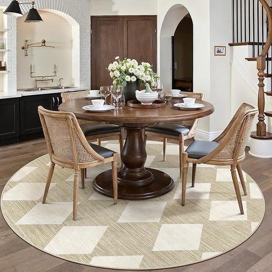 Checkered Round Rugs 6ft for Kitchen Beige Machine Washable Large Rug Non-Slip Stain Resistant Low Pile Boho Accent Indoor Throw Carpet for Office Bedroom Dining Room Classroom
