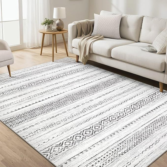 Area Rug Living Room Rugs - 5X7 Washable Boho Farmhouse Bohemian Neutral Large Moroccan Geometric Soft No Slip Indoor Thin Floor Carpet for Bedroom Under Dining Table -Square Grey