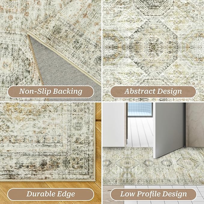 2x5 Rug Runner Washable for Entryway, Soft Bathroom Rugs with Non-Slop Backing, Abstract Low Pile Hallway Runner, Vintage Small Kitchen Carpet for Stair, Laundry Room(2'x5', Grey/Yellow)