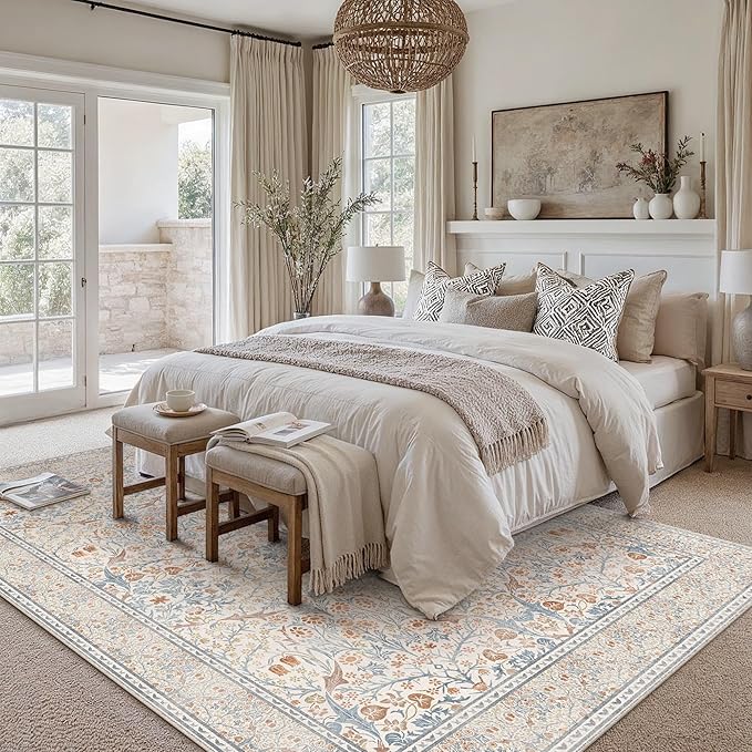 HUGEAR Vintage Floral Machine Washable 8x10 Area Rugs Beige Living Room Bedroom Rug Retro Neutral Stain Resistant Non Slip Low Pile Throw Carpet for Home Aesthetic Modern Decor