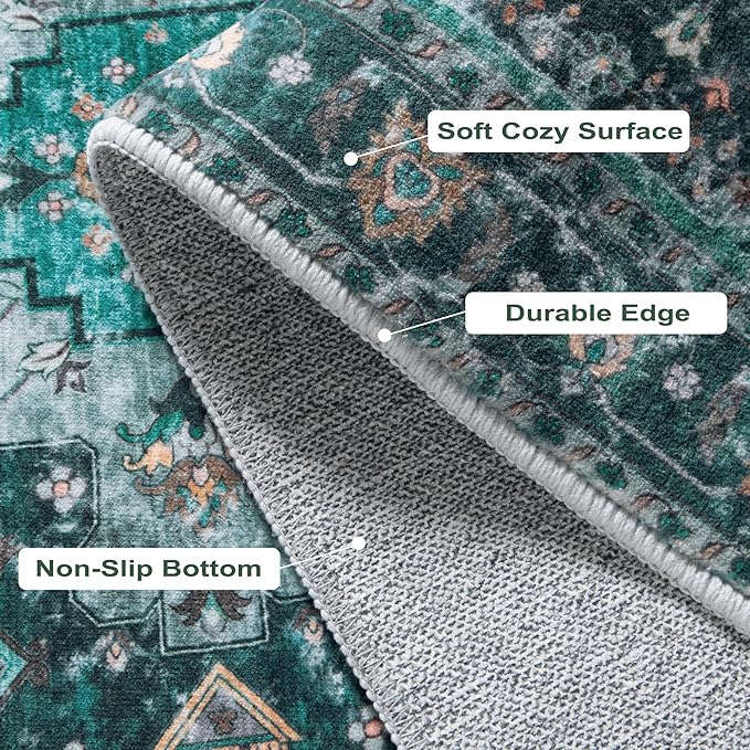 Ciicool Area Rug 5x7ft Washable Rugs for Living Room Non-Slip Indoor Rugs Large Low-Pile Mat Floor Carpet Vintage Rug for Bedroom Dinning Foyer Decor (Teal/Multi)