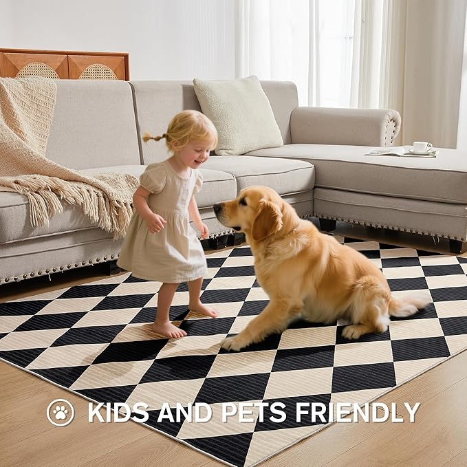8x10 Washable Checkered Rugs for Bedroom, Black and Beige Area Rug for Living Room, Geometric Faux Wool Carpet for Kids, Girls, Boys Playroom, Dorm, Nursery, Dining Room, Kitchen, Non Slip