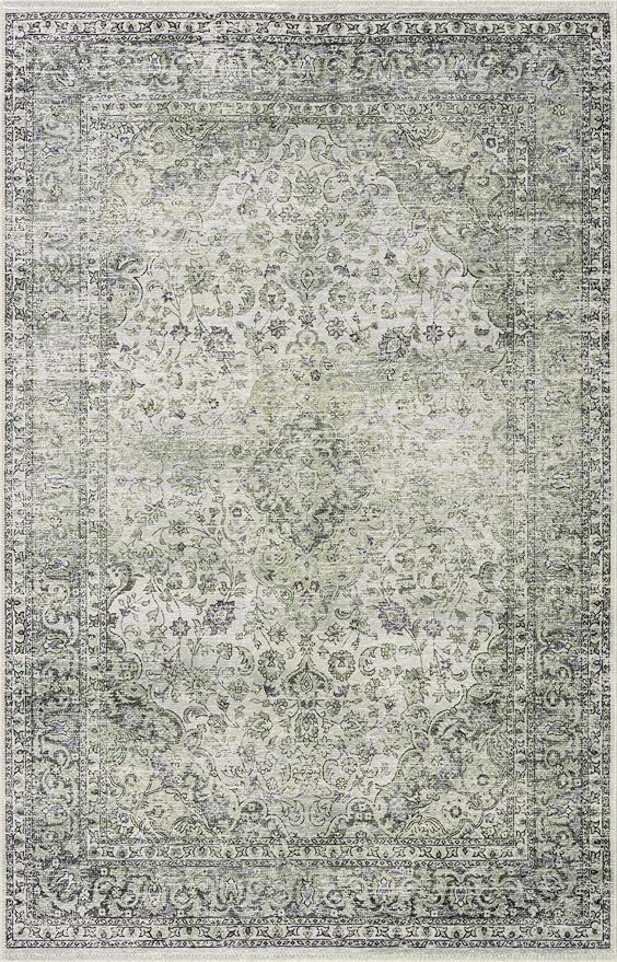 Hauteloom Cristy Bohemian Vintage Medallion Area Rug - Farmhouse Oriental Carpet for Living Room, Bedroom - Machine Washable- Cream, Olive - 5' x 7'6"