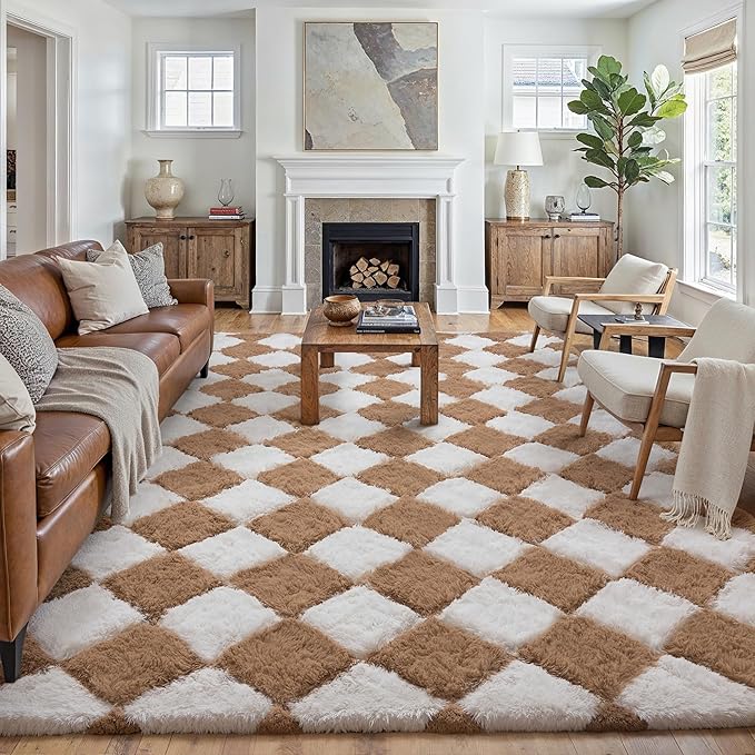 8x10 Checkered Rug for Living Room Brown and White Soft Fluffy Shag Area Rug Bedroom Vintage Plush High Pile Non Slip Fuzzy Carpet for Aesthetic Home Decor