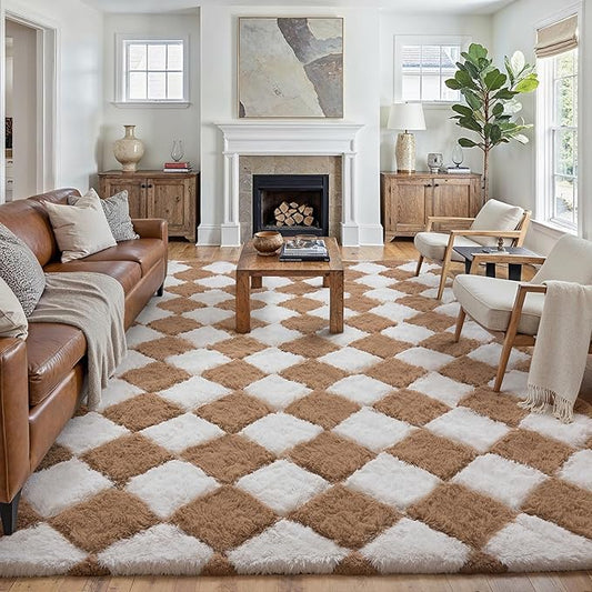 8x10 Checkered Rug for Living Room Brown and White Soft Fluffy Shag Area Rug Bedroom Vintage Plush High Pile Non Slip Fuzzy Carpet for Aesthetic Home Decor