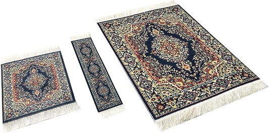 3-Piece Carpet-Style Desk Set – Navy Blue Mouse Pad, Mini Rug Coaster & Bookmark, Colorful Elegant Office Accessories, Novelty Gift