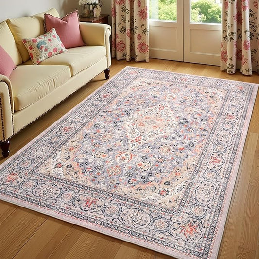 5x7 Washable Boho Area Rug for Bedroom, Vintage Floral Non Slip Living Room Rugs, Soft Low Pile Indoor Mat, Aesthetic Pattern Carpet for Kitchen and Dining Room, Beige/Multi