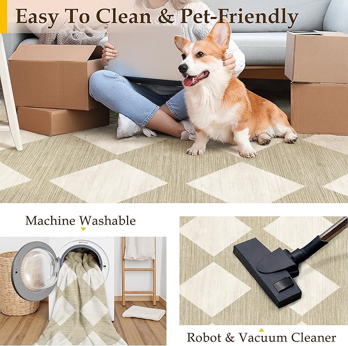 Checkered Round Rugs 6ft for Kitchen Beige Machine Washable Large Rug Non-Slip Stain Resistant Low Pile Boho Accent Indoor Throw Carpet for Office Bedroom Dining Room Classroom
