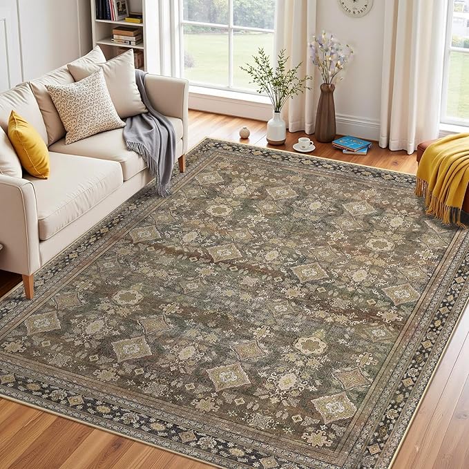 Area Rugs 5x7, Washable Rugs for Living Room, Non-Slip Rug, Boho Medallion Rug, Distressed Carpet, Low Pile Boho Rugs for Bedroom Dining Room