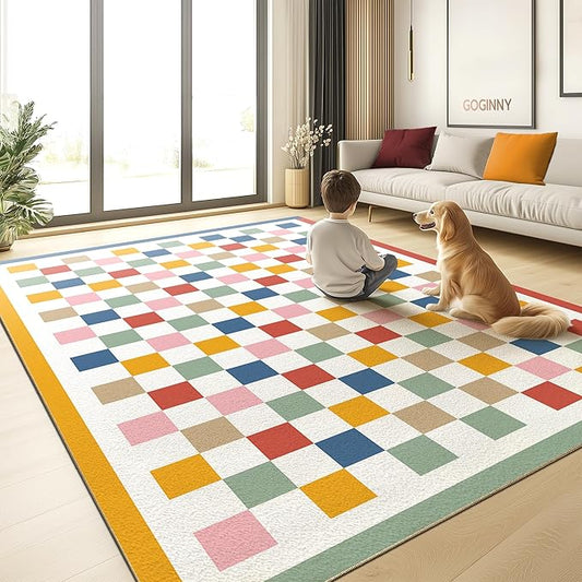 Washable 4x6 Checkered Area Rug for Living Room, Colorful Rainbow Checkerboard Modern Large Rugs, Ultra Thin Low Pile Lightweight Indoor Carpet with Non-Slip Backing for Bedroom Kids Nursery Playroom