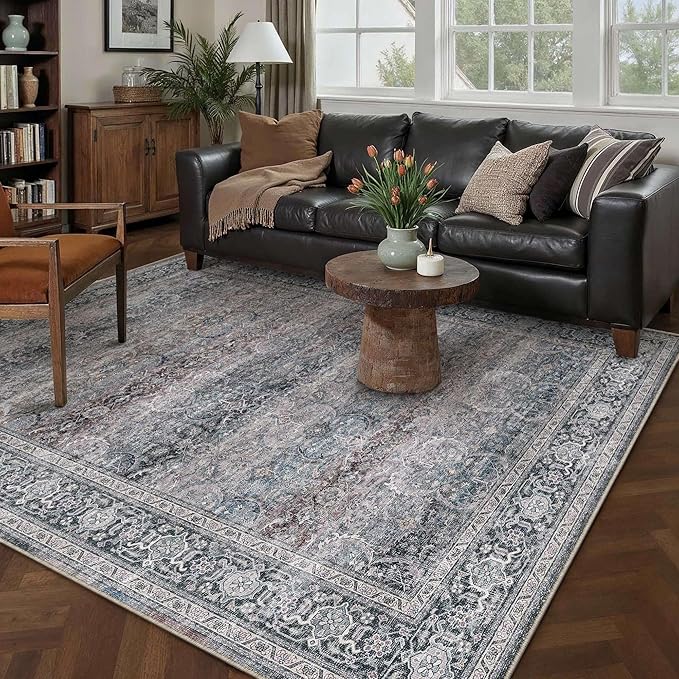 HUGEAR 5x7 Washable Area Rug Vintage Neutral Living Room Bedroom Rug Large Soft Non Slip Distressed Low Pile Carpet