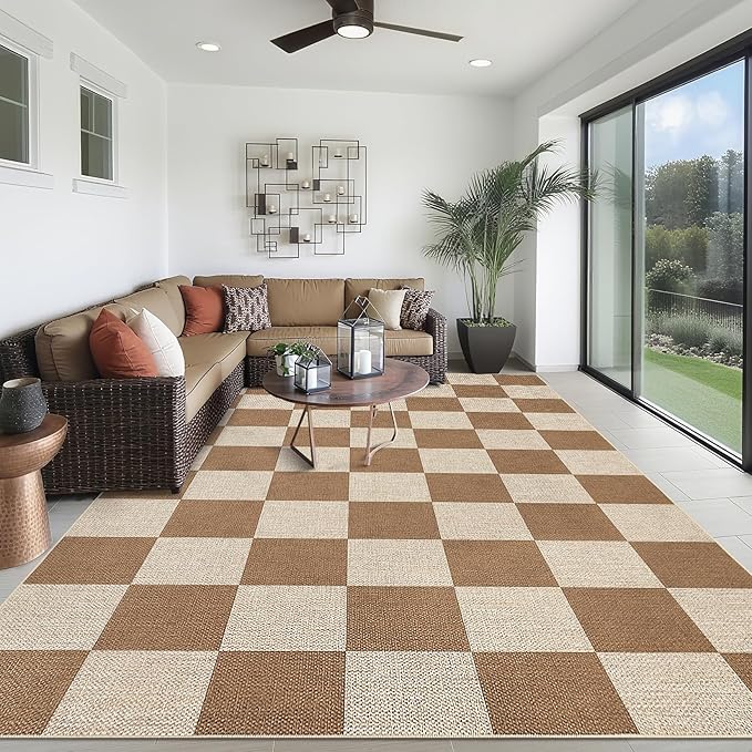 GAOMON 8x10 Rug Non Skid Throw Rugs Bedroom Neutral Area Rugs for Living Room Washable Jute Rug for Dining Room Modern Checkerboard Area Rug for Classroom Stain Resistant Farmhouse Rugs Brown