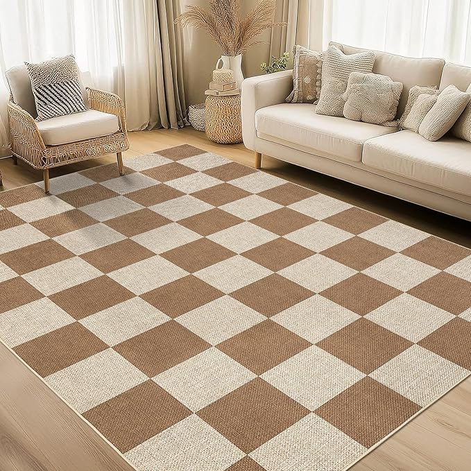 GAOMON 8x10 Rug Non Skid Throw Rugs Bedroom Neutral Area Rugs for Living Room Washable Jute Rug for Dining Room Modern Checkerboard Area Rug for Classroom Stain Resistant Farmhouse Rugs Brown