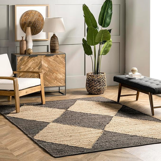 nuLOOM Pandora Diamond Jute Area Rug - 6' x 8', 8' 10' Geometric Jute & Cotton Square Medium Pile Indoor Bohemian Handcrafted Living Room Dining Room Bedroom Kitchen Hallway High Traffic Area Rug