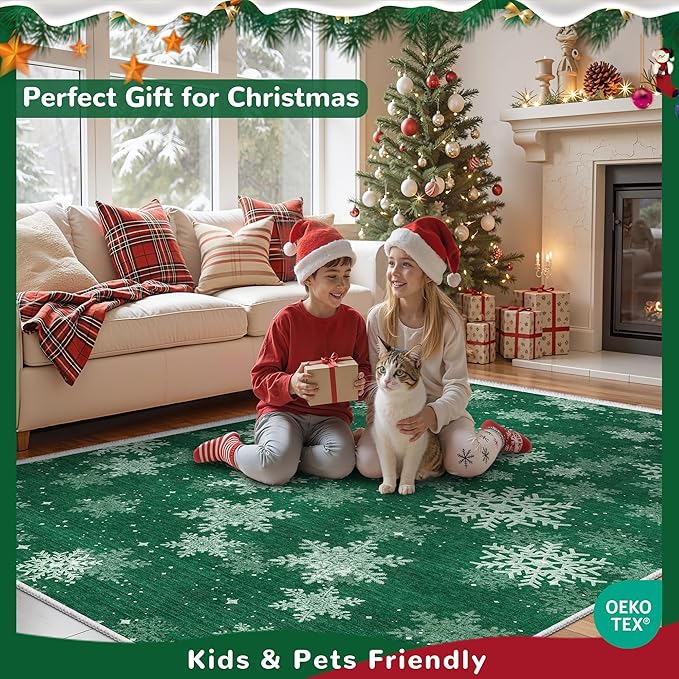 2x3 Christmas Doormat for Entryway, Washable Christmas Rugs Bathroom，Snowflake Front Porch Runner Rug，Non-Slip Green Christmas Rug Indoor(2'x3', Green/White)