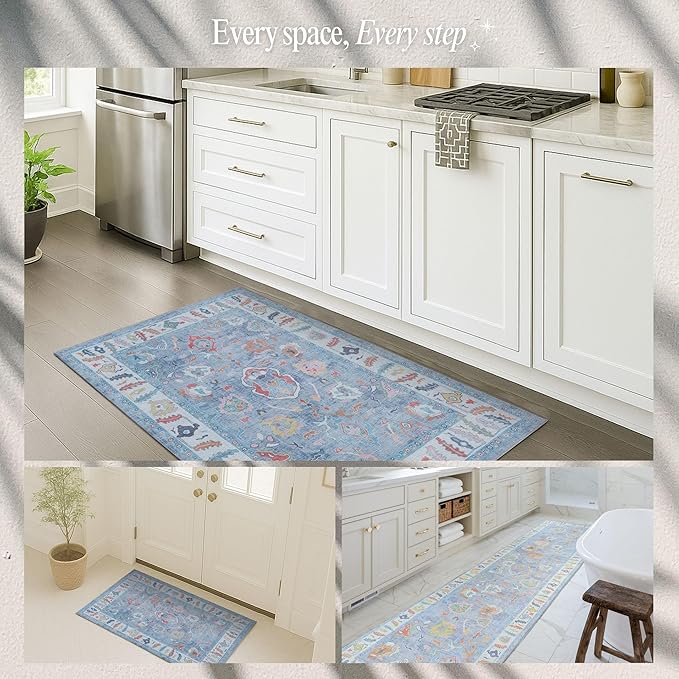 Fame Rugs Blue Modern Oushak Rug 10x13, Vintage Turkish Colorful Oriental Washable Antique Inspired Oversize Area Rugs, Luxury Living Room Bedroom (381LB, 10' x 13')