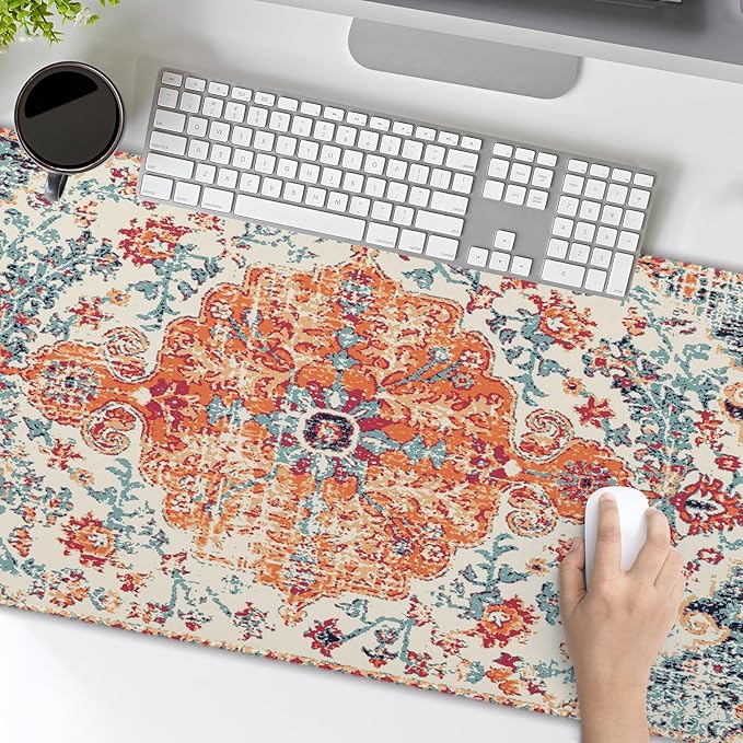 Orange Teal Boho Gaming Mouse Pad Extended 3XL Rug Carpet Bohemian Retro Large Desk Mat Big Mousepad Non-Slip Rubber Base Stitched Edge Long Desk Pad for Desktop Office PC Gamer,47.2x23.6 in,120x60cm