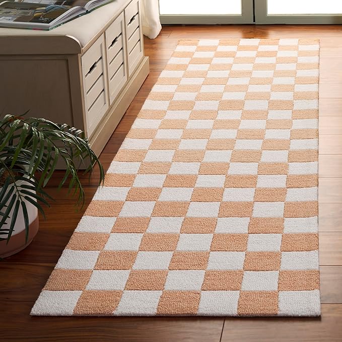 SAFAVIEH Ebony Collection Runner Rug - 2'3" x 8', Rust & Ivory, Handmade Wool, Checkered Pattern, Ideal for Living Room, Hallway, Foyer, Bedroom (EBN175P-28)