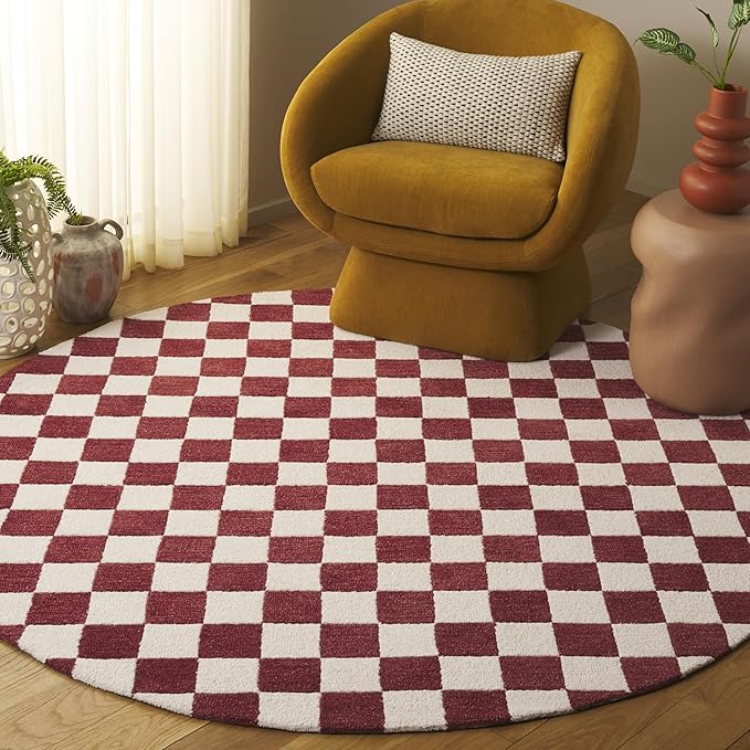 SAFAVIEH Ebony Collection Area Rug - 6' Round, Red & Ivory, Handmade Wool, Checkered Pattern, Ideal for Living Room, Bedroom, Home Office, Dining Space (EBN175Q-6R)