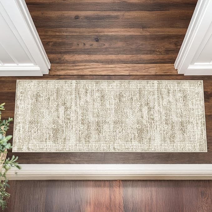 2x5 Rug Runner Washable for Entryway, Soft Bathroom Rugs with Non-Slop Backing, Abstract Low Pile Hallway Runner, Vintage Small Kitchen Carpet for Stair, Laundry Room(2'x5', Brown/Ivory)