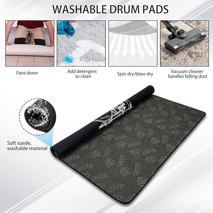 4.6Ft x 5.9Ft Drum Mat Drum Carpet Tightly Woven Fabric with Non-Slip Grip Bottom Drum Rug for Bedroom, Studio, Apartment, Soundproof, Roll of 27.6 Square Feet (White Drum Stand)