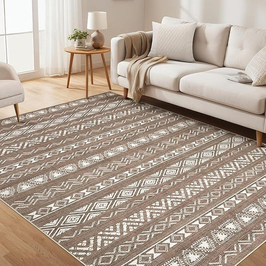 Area Rug Living Room Rugs - 6X9 Washable Boho Farmhouse Bohemian Neutral Large Moroccan Geometric Soft No Slip Indoor Thin Floor Carpet for Bedroom Under Dining Table Home Office -Dark Brown