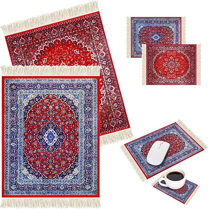 Hushee 4 Pcs Style Carpet Mouse Pad Mini Vintage Coasters Oriental Mouse Pad Floral Pattern Graduation Gift Rug with Anti Slip Rubber Base for Doll House Desk(Classic Style)