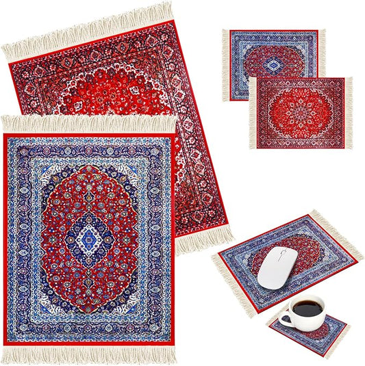 Hushee 4 Pcs Style Carpet Mouse Pad Mini Vintage Coasters Oriental Mouse Pad Floral Pattern Graduation Gift Rug with Anti Slip Rubber Base for Doll House Desk(Classic Style)