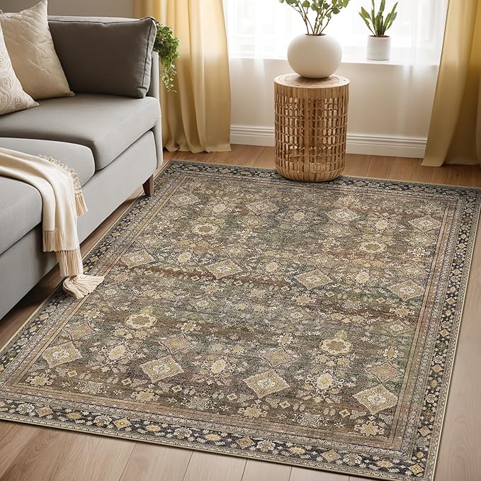 Area Rugs 5x7, Washable Rugs for Living Room, Non-Slip Rug, Boho Medallion Rug, Distressed Carpet, Low Pile Boho Rugs for Bedroom Dining Room