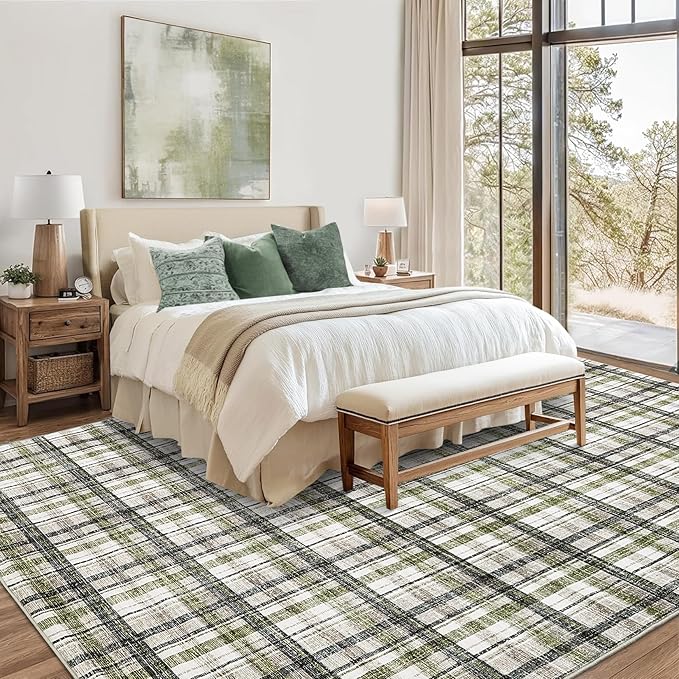 Washable Area Rug 8x10 Rug for Living Room Modern Non Slip Throw Rugs Farmhouse Large Rugs for Bedroom Low Pile Non Shedding Stain Resistant Carpet for Dining Room 8'x10' Green&Taupe