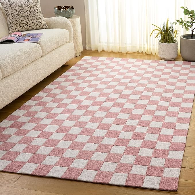 SAFAVIEH Area Rug 4x6 - Ebony Collection - Pink & Ivory, Handmade Wool, Checkered Design, Ideal for Living Room, Bedroom, Dining Space (EBN175U)