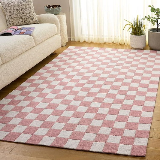 SAFAVIEH Area Rug 4x6 - Ebony Collection - Pink & Ivory, Handmade Wool, Checkered Design, Ideal for Living Room, Bedroom, Dining Space (EBN175U)