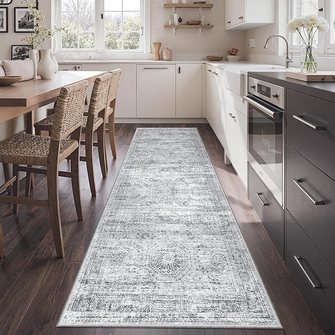 2x7 Runner Rug Non Slip, Thin Entryway Washable Rug for Entryway, Runners for Hallways, Low Pile Vintage Abstract Soft Rugs for Living Room, Kitchen, Bedroom(2'x7', Grey/Ivory')