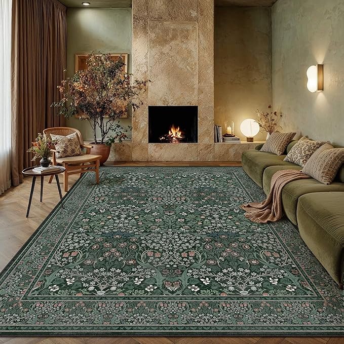 HUGEAR Vintage Floral Machine Washable 6x9 Area Rugs Green Living Room Bedroom Rug Retro Neutral Stain Resistant Non Slip Low Pile Throw Carpet for Home Aesthetic Modern Decor