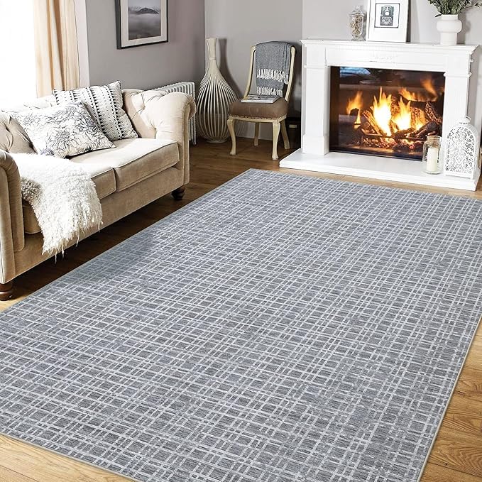 Washable Rug 6 x 9 Area Rug for Living Room Modern Large Area Rug for Bedroom Farmhouse Grid Non Slip Throw Rugs Soft Faux Wool Low Pile Stain Resistant Carpet for Dining Room 6'x9' Grey
