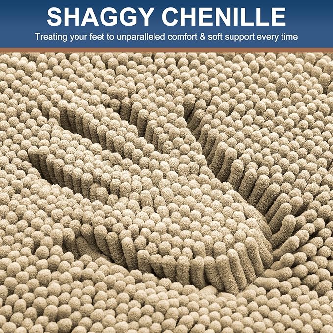 Smiry Luxury Chenille Bathroom Rugs 24x16, Extra Soft and Absorbent Shaggy Bath Mat, Machine Washable, Non-Slip Plush Carpet Runner for Tub, Shower, and Floor, Home Decor Accessories, Beige
