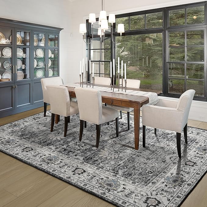 Area Rug 5x7 Washable Rug Grey Boho Rugs for Living Room Bedroom Playroom, Non Slip Low Pile Vintage Rug Floral Print Mat for Dining Room Home Office Christmas Rugs
