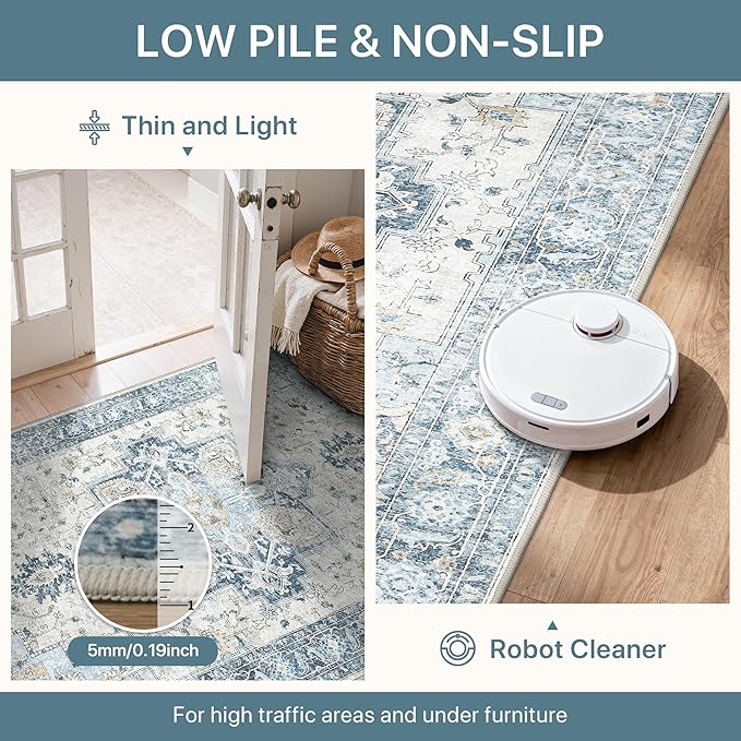 Area Rug 2x3 Doormat, Machine Washable Low Pile Vintage Rugs, Small Lightweight Rug Entryway Indoor Mat for Entrance, Hallway, Kitchen and Corridor, Blue