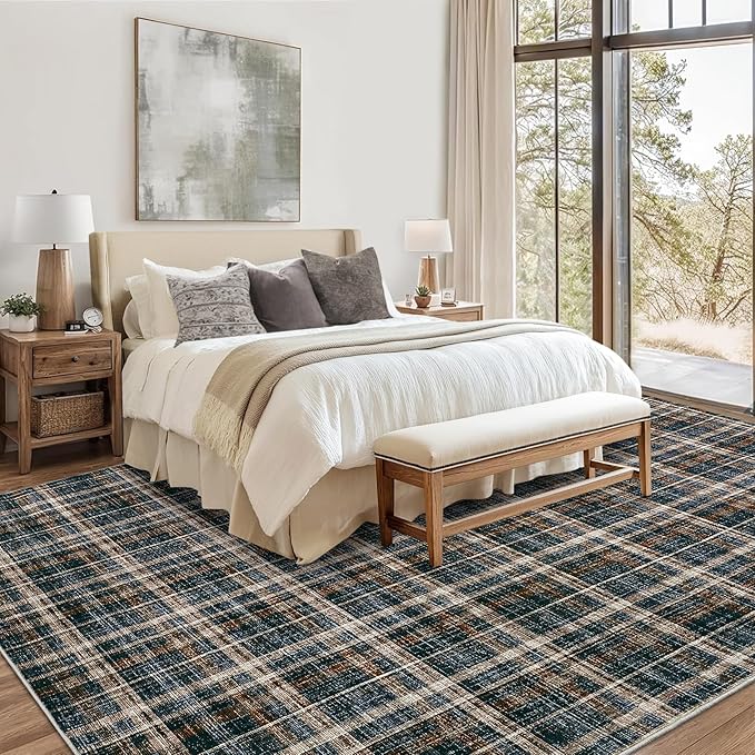 9x12 Area Rug Washable Rugs for Bedroom Large Living Room Rug Non Slip Farmhouse Stain Resistant Floor Carpet for Dining Room Home Office Decor, Black&Brown