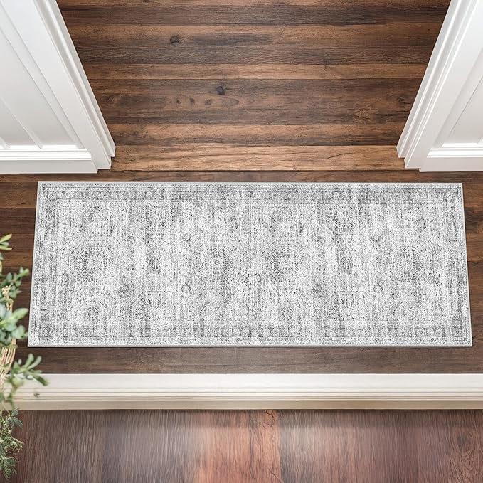 2x5 Rug Runner Washable for Entryway, Soft Bathroom Rugs with Non-Slop Backing, Abstract Low Pile Hallway Runner, Vintage Small Kitchen Carpet for Stair, Laundry Room(2'x5', Grey/Ivory)