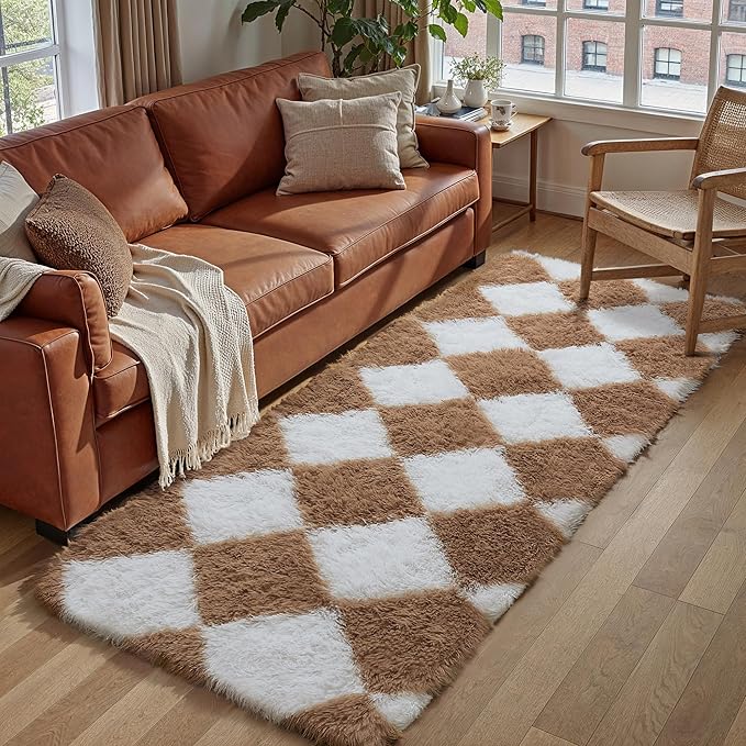 2x6 Checkered Rug for Living Room Brown and White Soft Fluffy Shag Runner Rug Bedroom Vintage Plush High Pile Fuzzy Carpet Non Slip Runner for Hallway Beside Sofa