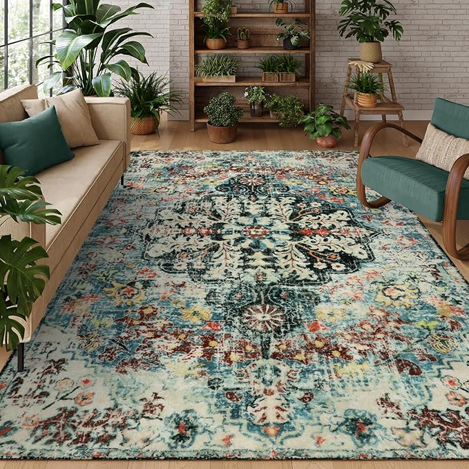 Lahome Boho 8x10 Rugs for Living Room, Teal Washable Rugs for Bedroom Aesthetic Large Dining Room Rug, Large Bohemian Printed Non-Slip Low Pile Throw Playroom Carpet for Kids Room Nursery Office
