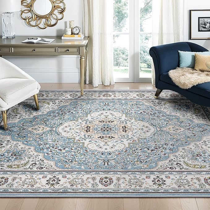 Ciicool Oriental Area Rug 5x7 for Living Room Washable Rugs Blue Floral Medallion Large Rugs Non-Slip Low-Pile Mat Floor Carpets Vintage Rug for Dining Bedroom Foyer Decor (Sky/Baby Blue)