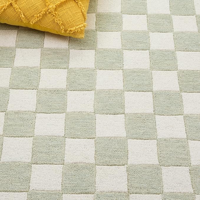 SAFAVIEH Area Rug 5x8 - Ebony Collection - Light Sage & Ivory, Handmade Wool, Checkered Design, Ideal for Living Room, Bedroom, Dining Space (EBN175W)