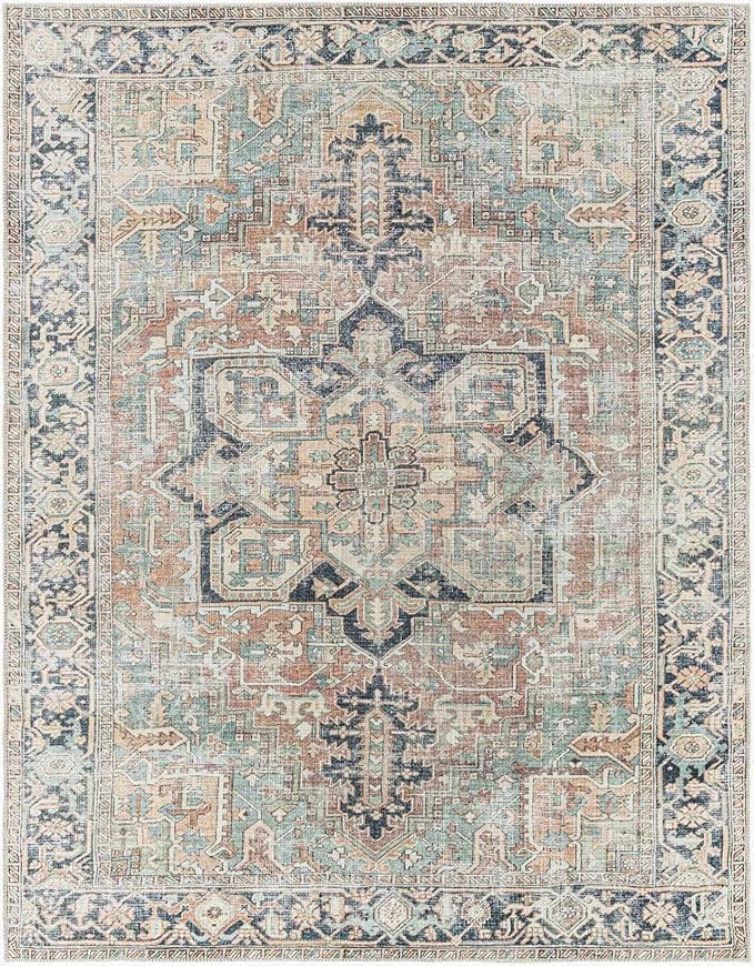 Hauteloom Nyx Vintage Distressed Faded Area Rug - Oriental Bohemian Turkish Floral Carpet - Machine Washable Rug - Stain Resistant - Pet Friendly - Brown, Sage, Olive, Green - 5'3" x 7' (5x7)