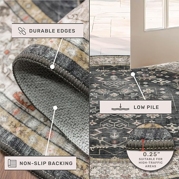10ft Round Washable Rug - Large Area Rug for Living Room, Dining Room, Black Soft Farmhouse Bedroom Carpet with Geometric Floral Pattern, Modern Boho Décor, Low Pile & Soft Stain Resistant
