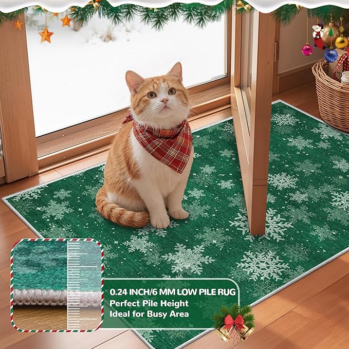 2x3 Christmas Doormat for Entryway, Washable Christmas Rugs Bathroom，Snowflake Front Porch Runner Rug，Non-Slip Green Christmas Rug Indoor(2'x3', Green/White)