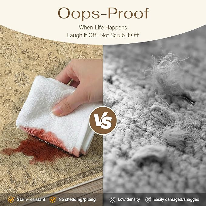 HUGEAR 9x12 Machine Washable Area Rugs Vintage Brown - Neutral Living Room Bedroom Rug Non Slip Stain Resistant Low Pile Aesthetic Throw Carpet Kids & Pet Friendly