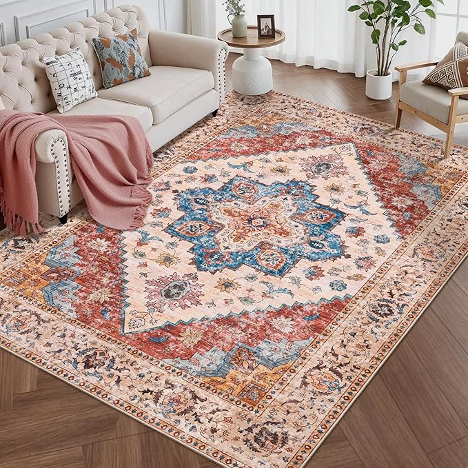 Ciicool 5x7 Area Rugs, Washable Area Rug Boho Rugs for Living Room Non-Slip Indoor Rugs Large Low-Pile Mat Floor Carpet Vintage Rug for Bedroom Office Dinning Foyer Decor