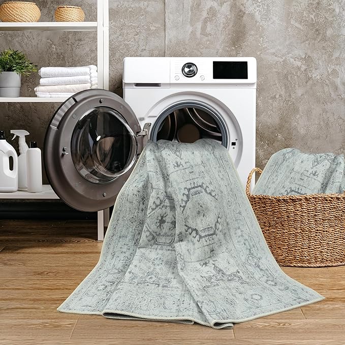 GLN Rugs Bohemian Collection - Machine Washable Area Rug, Bohemian Vintage, Non Slip, Low Pile Chenille Rug, Living Room, Bedroom, Bathroom Rug (9'x12' Beige and Gray)